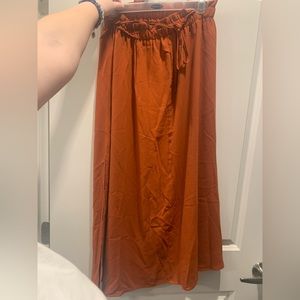 Rust colored paper bag waist maxi skirt with slit